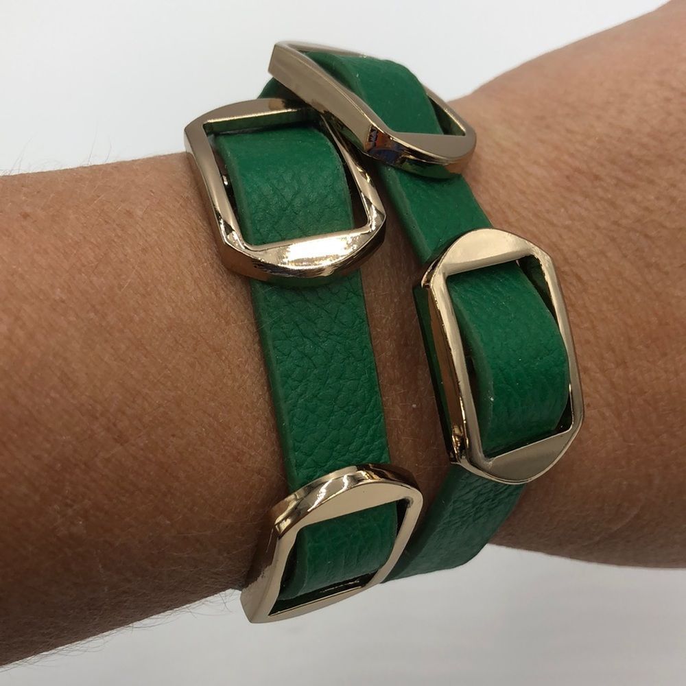 Green Leather Yik Fung Wrap Bracelet- Sliding Gold Toned Buckles. Snap Closure